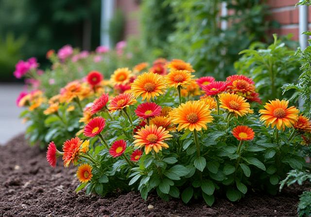 New flower bed installation with tropical plants