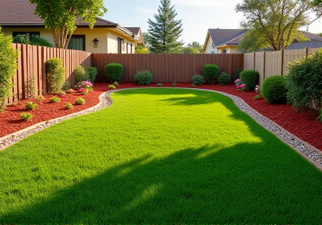 Manicured residential backyard with mulch beds